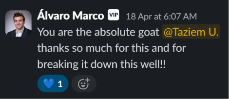 Álvaro praising the build in the team Slack