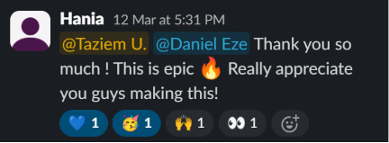 Hania praising the build in the team Slack